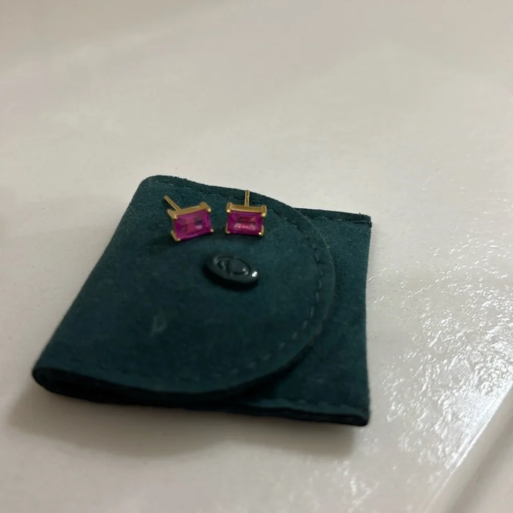 Aurate Birthstone Baguette Pink Tourmaline Studs yellow 14k Gold - Picture 2 of 5